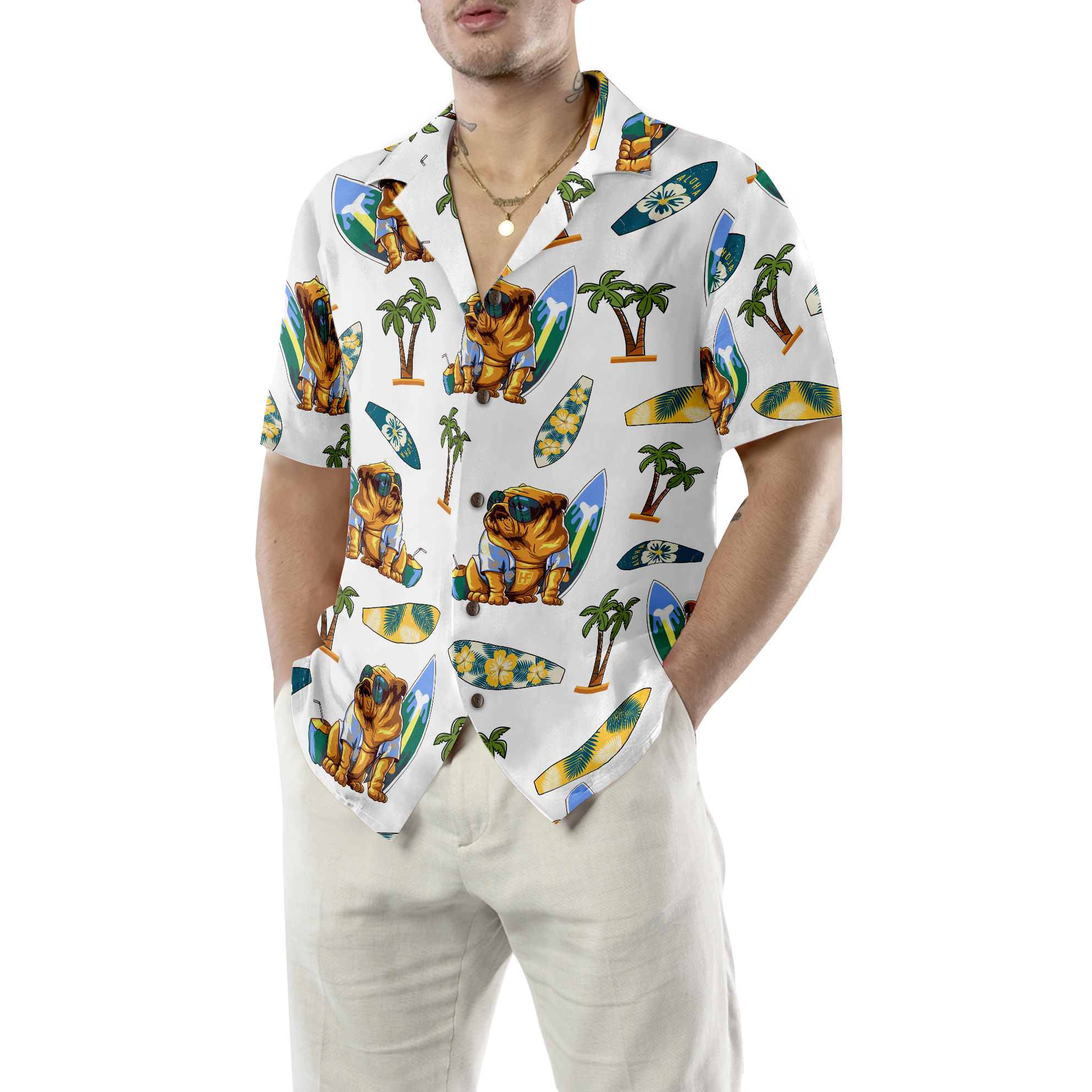 Bulldog Surf And Palm Hawaiian Shirt - Hyperfavor