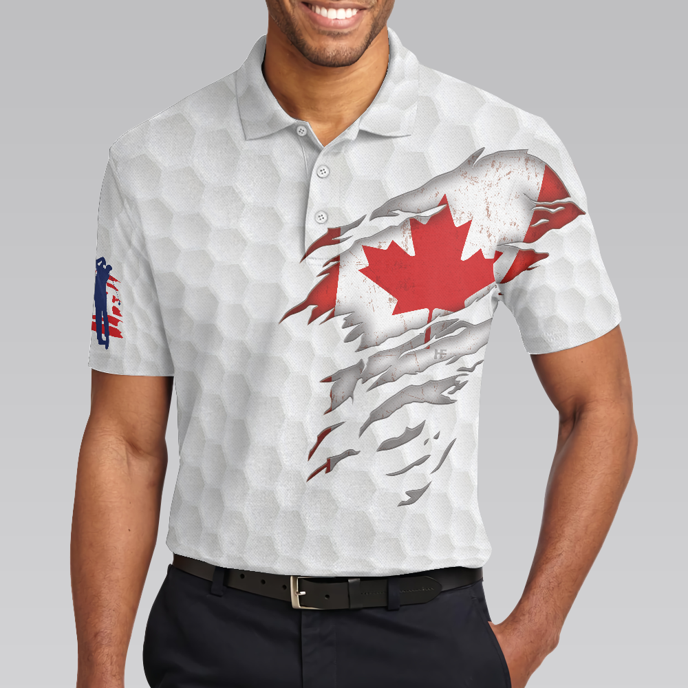 Golf Canada Flag Short Sleeve Polo Shirt, Red Maple Leaf Golfing Polo Shirt, Canadian Golf Shirt For Men - Hyperfavor