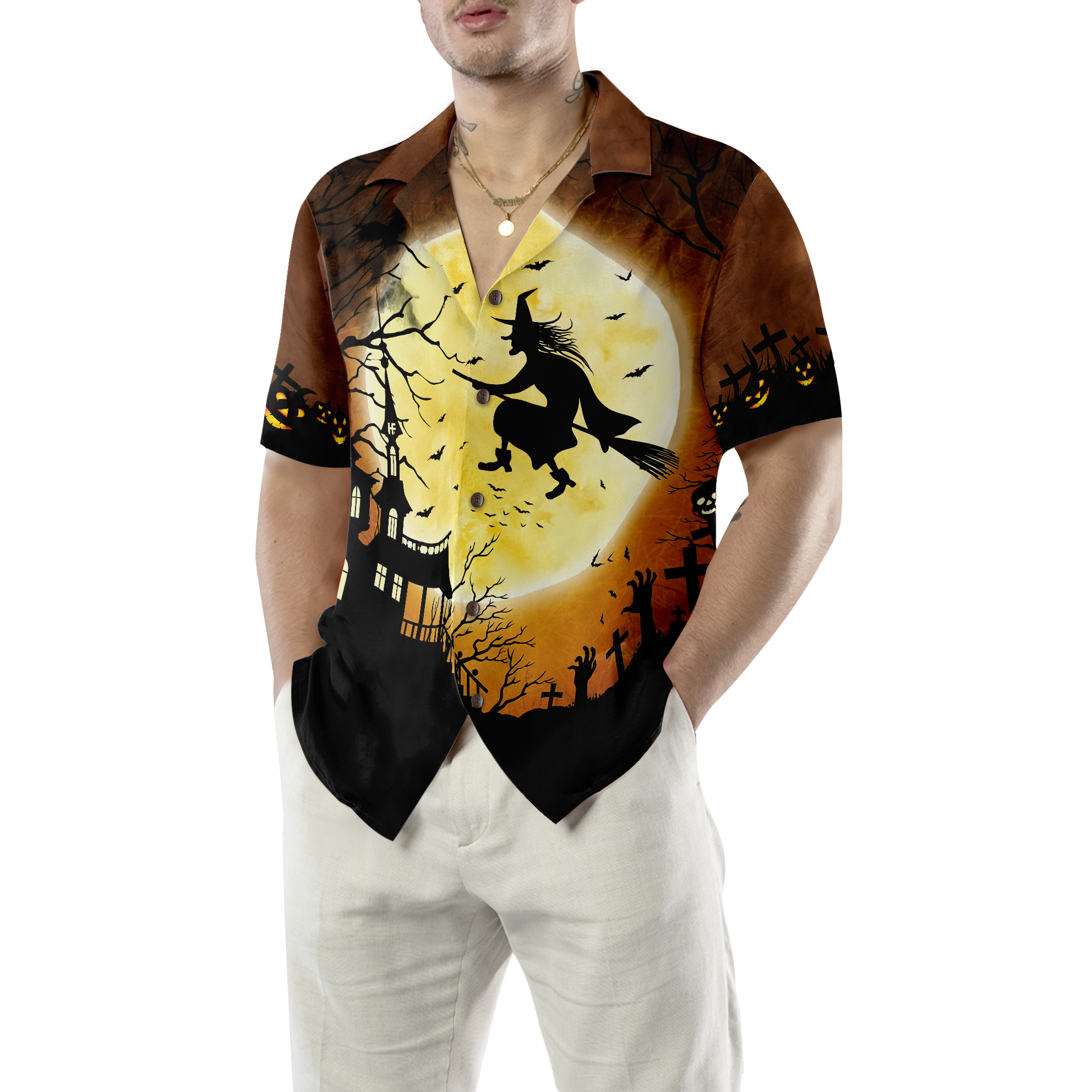 Halloween Night Flying Witch Over A Castle Hawaiian Shirt, Full Moon Pumpkin Graveyard Zombie Hawaiian Shirt For Men - Hyperfavor