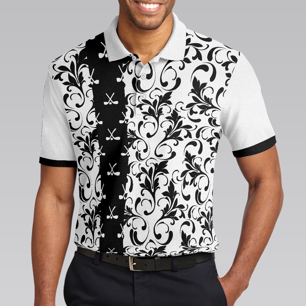 Floral Golf Pattern In White Polo Shirt, Black And White Polo Shirt, Floral Golf Shirt For Men - Hyperfavor