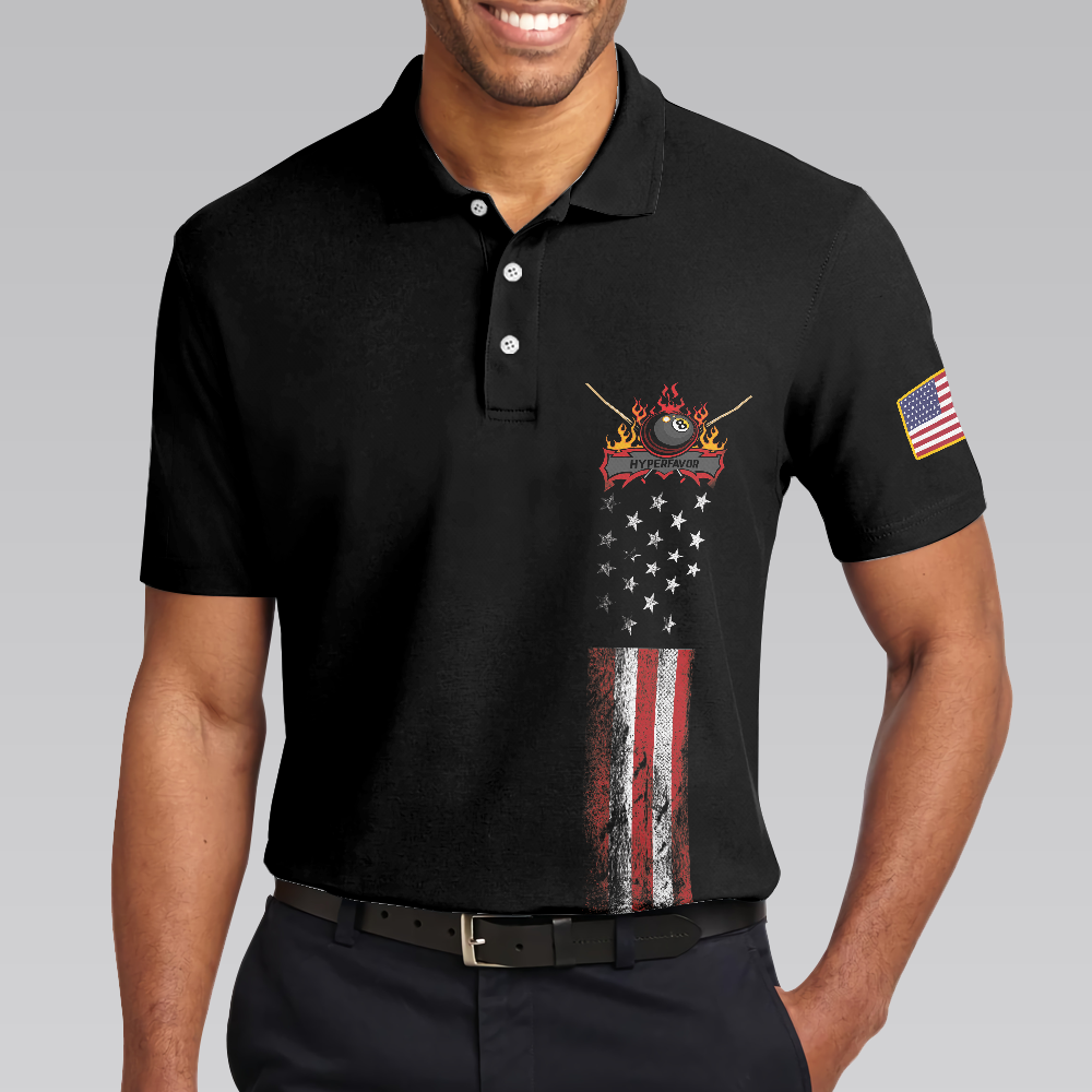 Never Underestimate An Old Man Who Loves Pool And Beer Polo Shirt, Black American Flag Billiards Shirt For Men - Hyperfavor