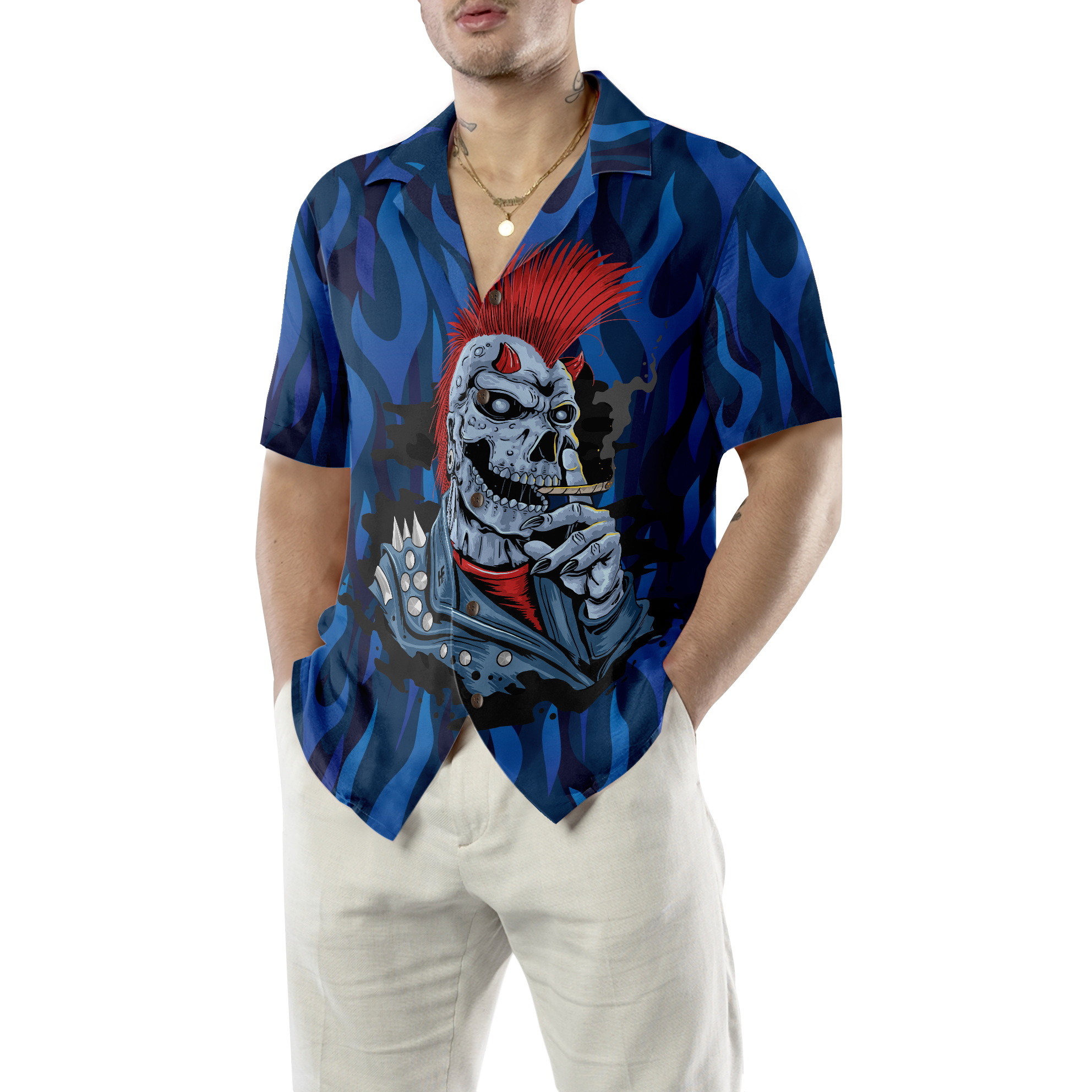 Punk Rock Skull Electric Guitar Hawaiian Shirt, Blue Flame Pattern Skull Rocker Hawaiian Shirt For Men - Hyperfavor