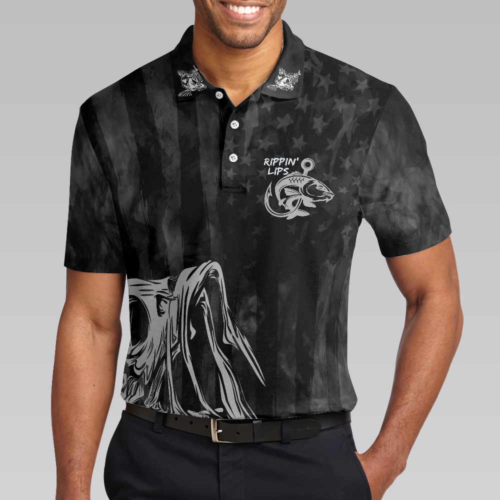 Rippin' Lips Skull Fish Skeleton Fishing Polo Shirt, Black Fish Hook Polo Shirt, Best Fishing Shirt For Men - Hyperfavor