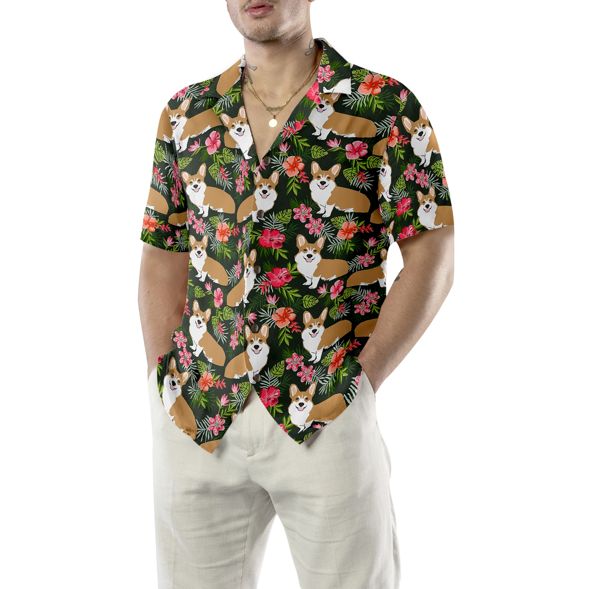 Corgi Tropical Flower Hawaiian Shirt - Hyperfavor