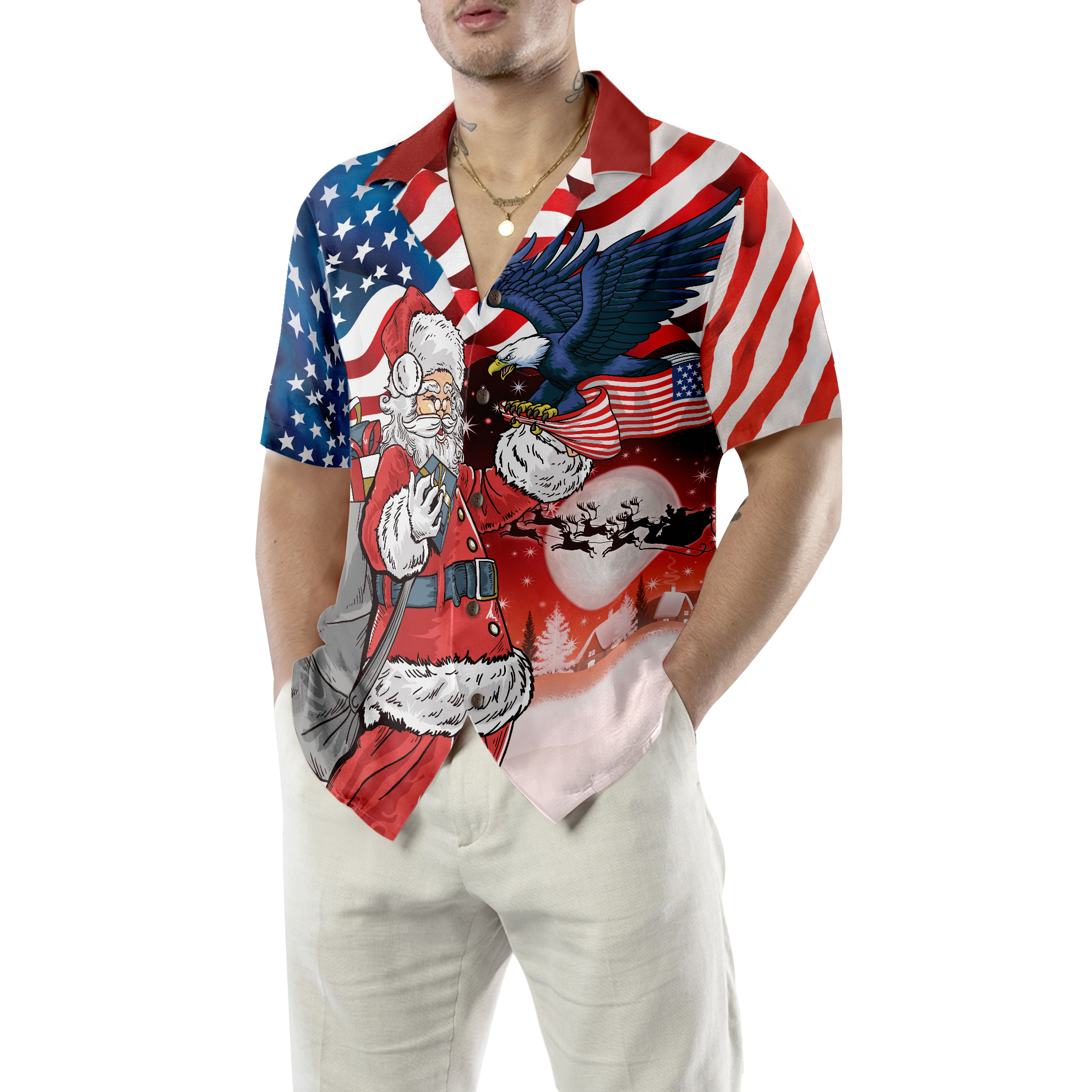 Hyperfavor Christmas Hawaiian Shirts, Eagle Perched On Santa's Hand With American Flag Background Shirt Short Sleeve, Christmas Shirt Idea Gift For Men And Women - Hyperfavor