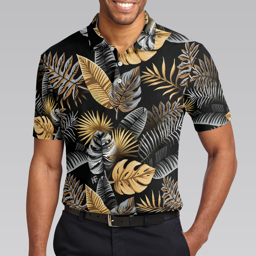 Tropical Golden Palm Leaves Pattern Polo Shirt, Tropical Leaf Polo Shirt For Adults, Summer Vibe Shirt - Hyperfavor