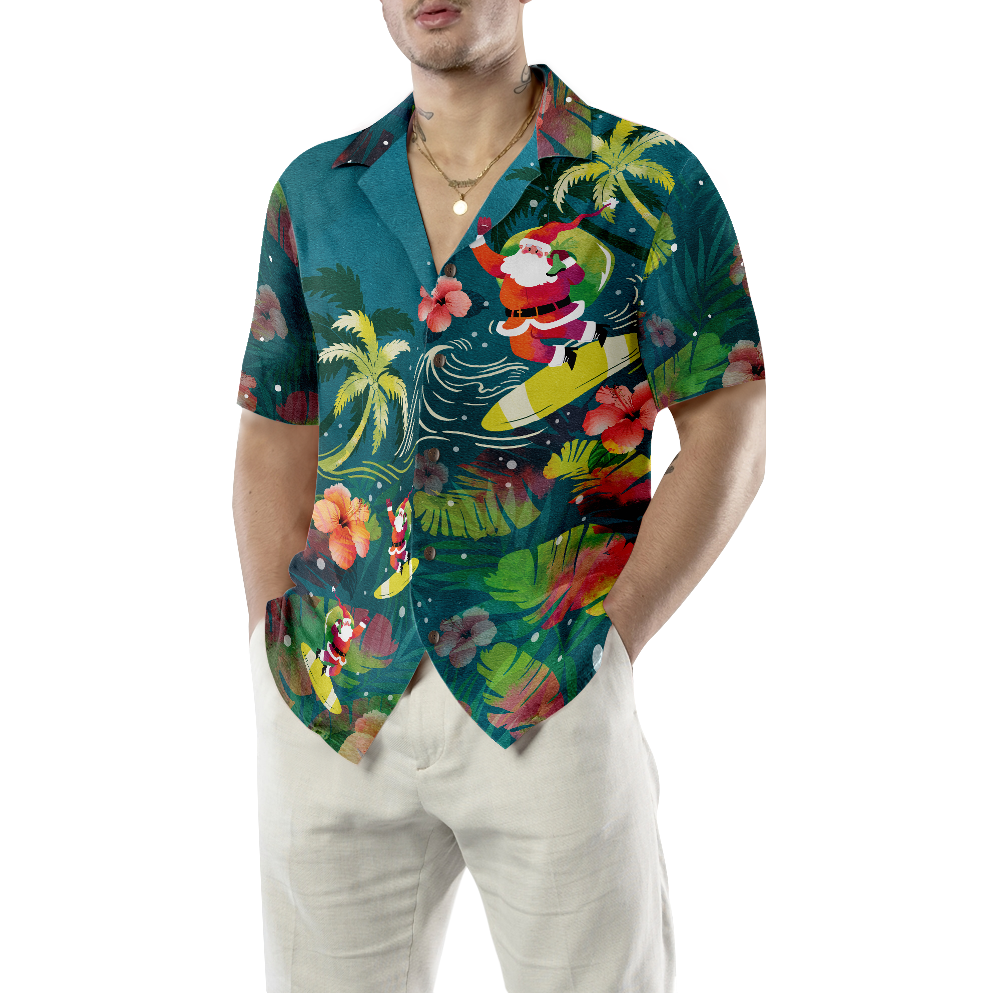 Hyperfavor Christmas Hawaiian Shirts For Men and Women, Santa Surfing Tropical Hawaiian Shirt Button Down Shirt Short Sleeve - Hyperfavor