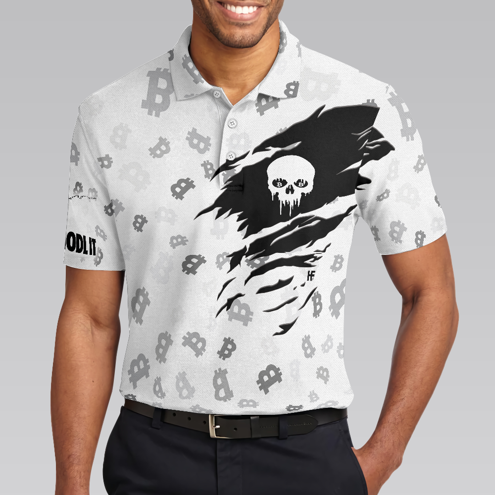 The Bitcoin Skull Polo Shirt, Black And White Skull Cryptocurrency Shirt, Bitcoin Short Sleeve Shirt Design - Hyperfavor