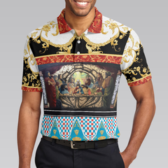 The Last Supper Renaissance Pattern Polo Shirt, Luxury Gold Brocade Pattern Christian Shirt For Men - Hyperfavor