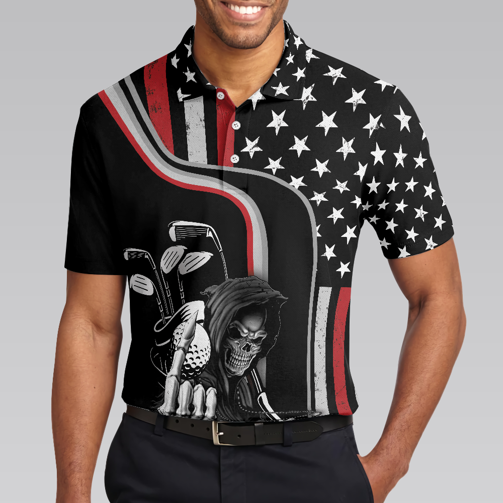 Reaper American Flag Short Sleeve Golf Polo Shirt, Black Theme Reaper Golfer Golf Shirt For Men - Hyperfavor