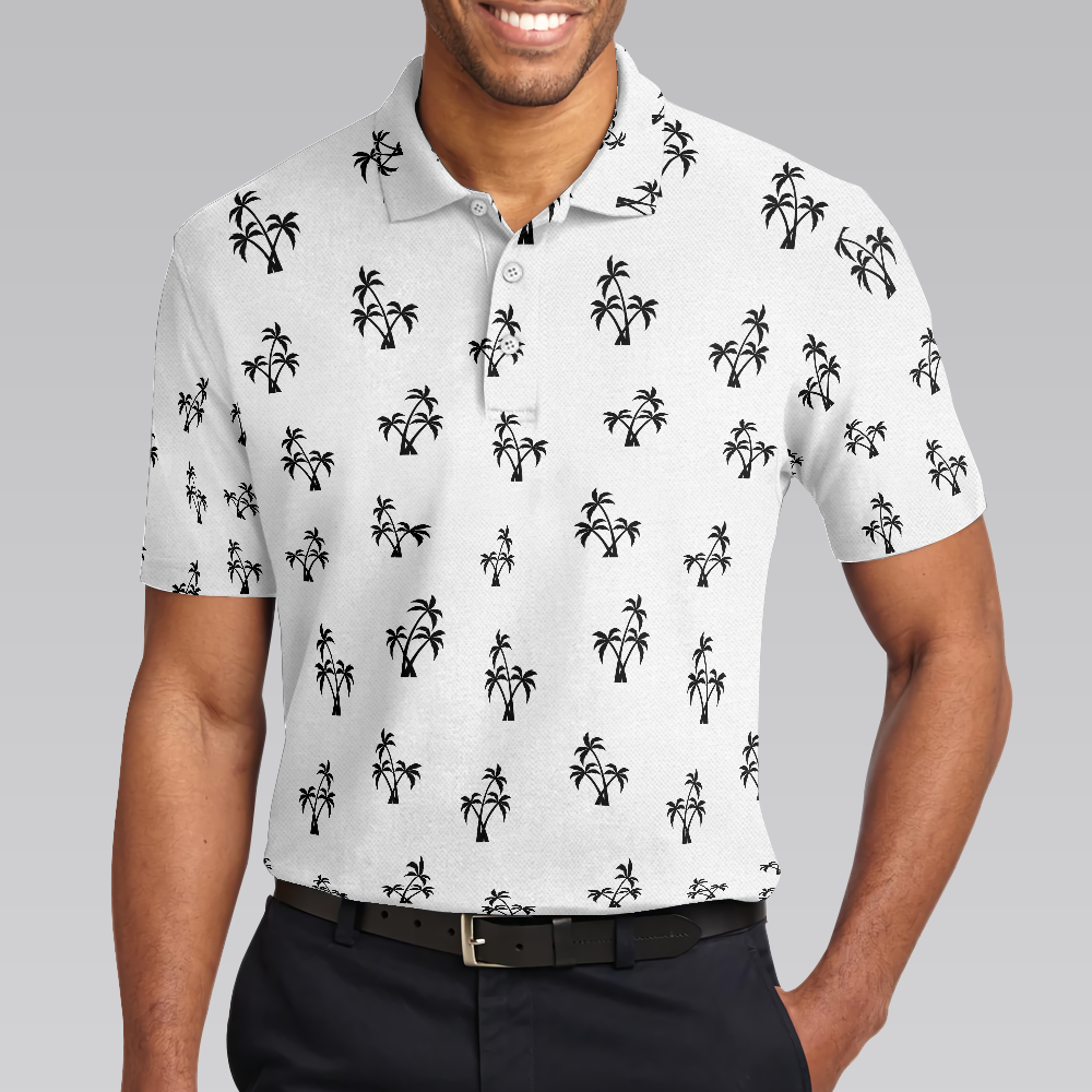 Palm Trees Pattern Short Sleeve Polo Shirt, Minimalist Black And White Tropical Shirt For Men - Hyperfavor