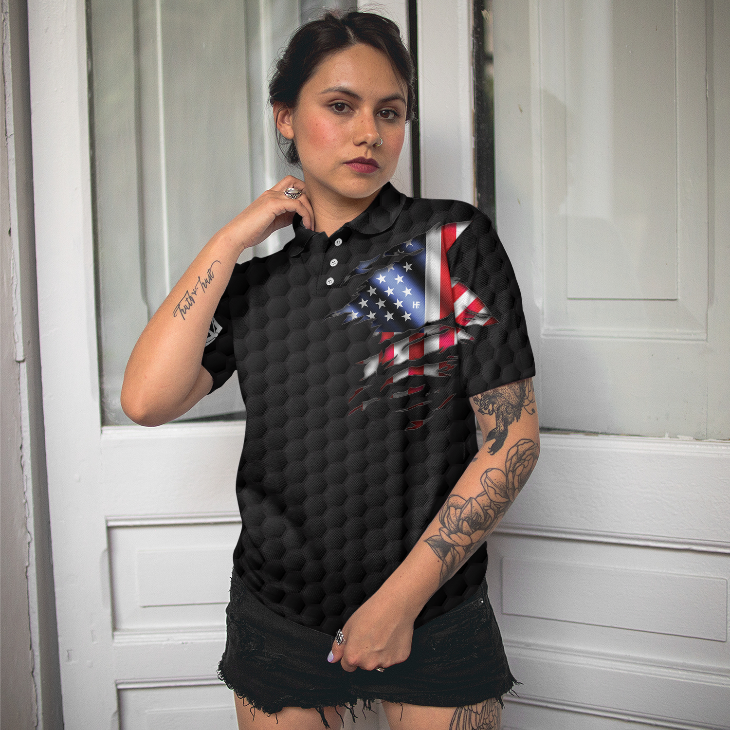 American Women Golfer Black Version Golf Short Sleeve Women Polo Shirt, American Flag Ladies Golf Shirt - Hyperfavor