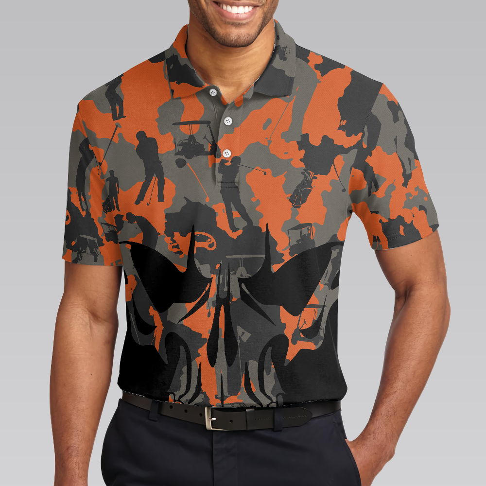 Orange Camouflage Golf Set Skull Golf Polo Shirt, Golfer Silhouette Pattern Polo Shirt, Camo Golf Shirt For Men - Hyperfavor