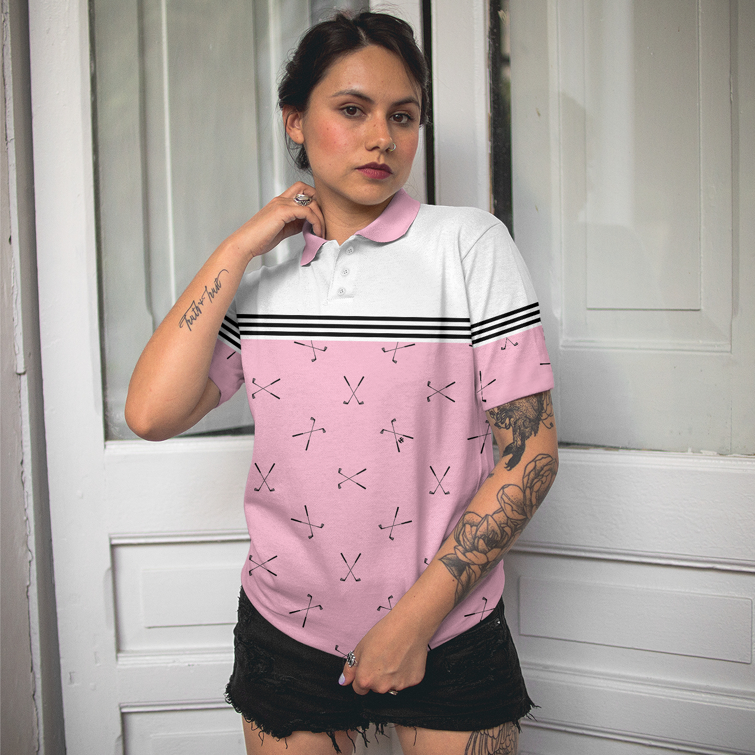 Hole In One Pink Golf Short Sleeve Women Polo Shirt, Golf Club Repeat Pattern Golfing Shirt, Pink Shirt For Women - Hyperfavor