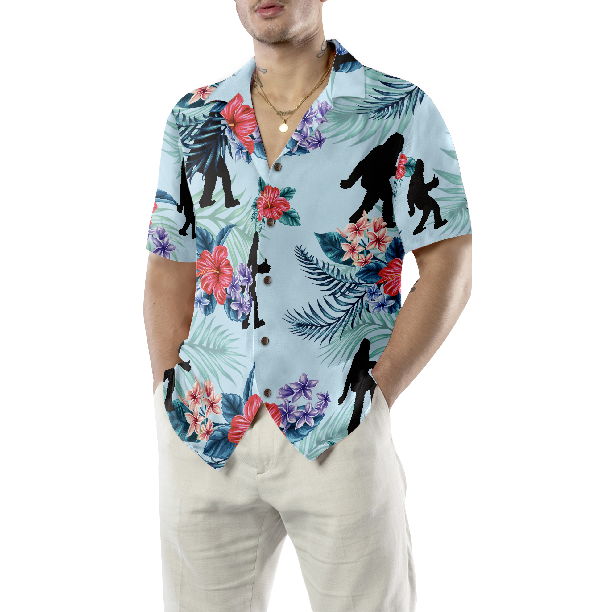 Bigfoot Bluebonnet Bigfoot Hawaiian Shirt, Arctic Blue Texas Floral And Leaves Bigfoot Shirt For Men - Hyperfavor