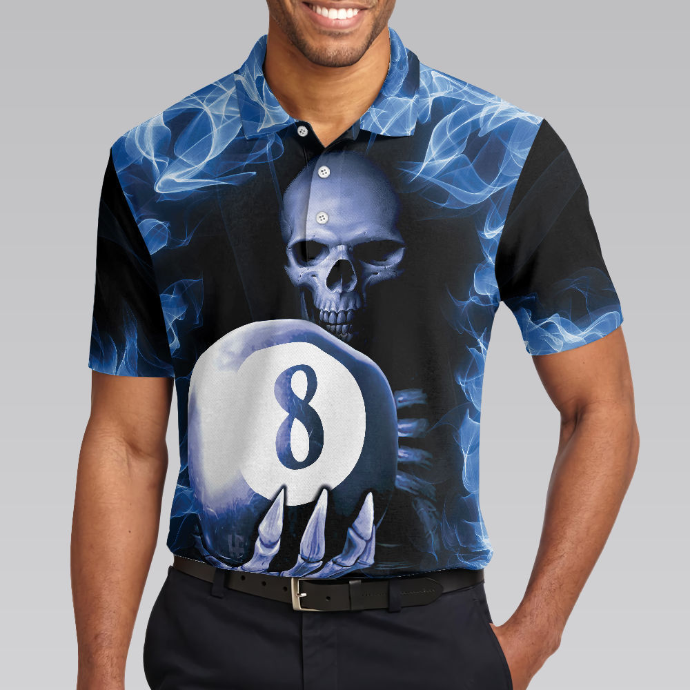 Billiards Murder Polo Shirt, Blue Flame Billiards Shirt Design, Skull Eight Ball Billiards Shirt For Men - Hyperfavor