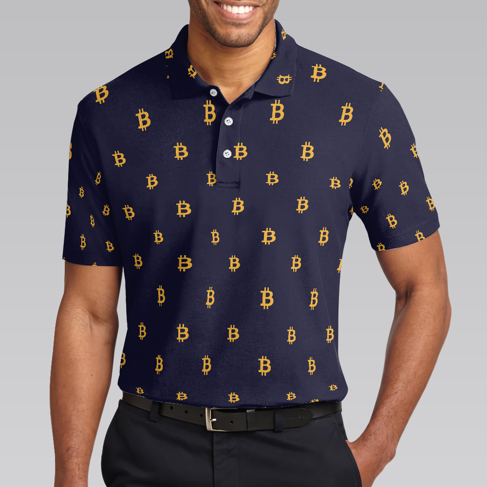 Seamless Pattern Sign Bitcoin Polo Shirt, Navy Blue And Gold Polo Shirt, Best Cryptocurrency Shirt For Men - Hyperfavor