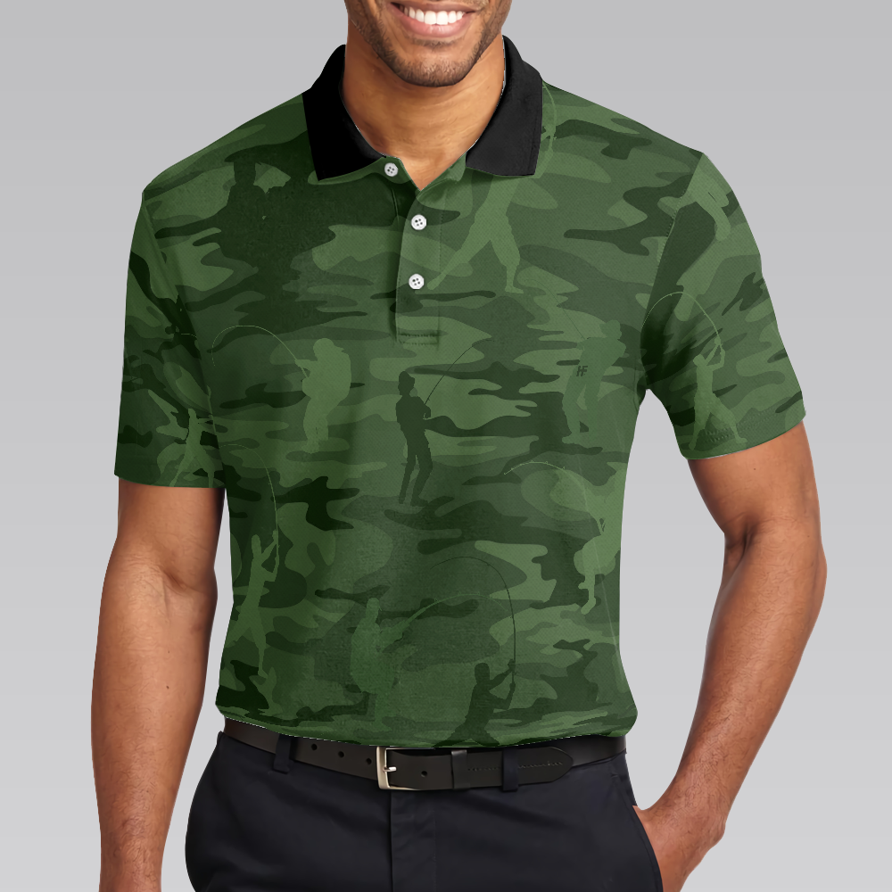 Green Camouflage Fisherman Silhouette Custom Polo Shirt - Hyperfavor