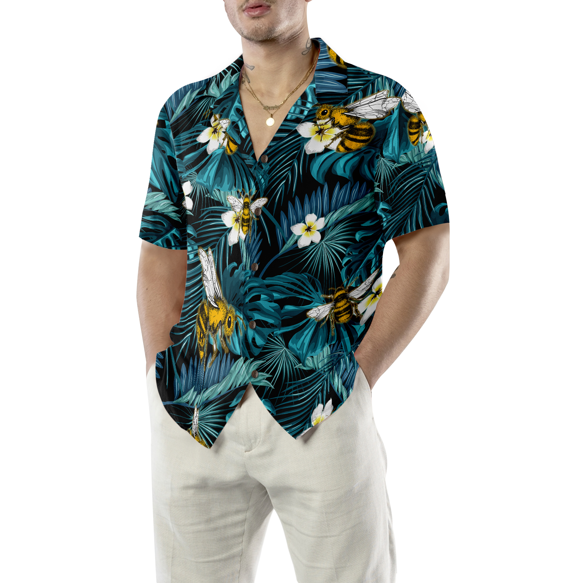 Tropical Blue Leaves & Bees Hawaiian Shirt - Hyperfavor