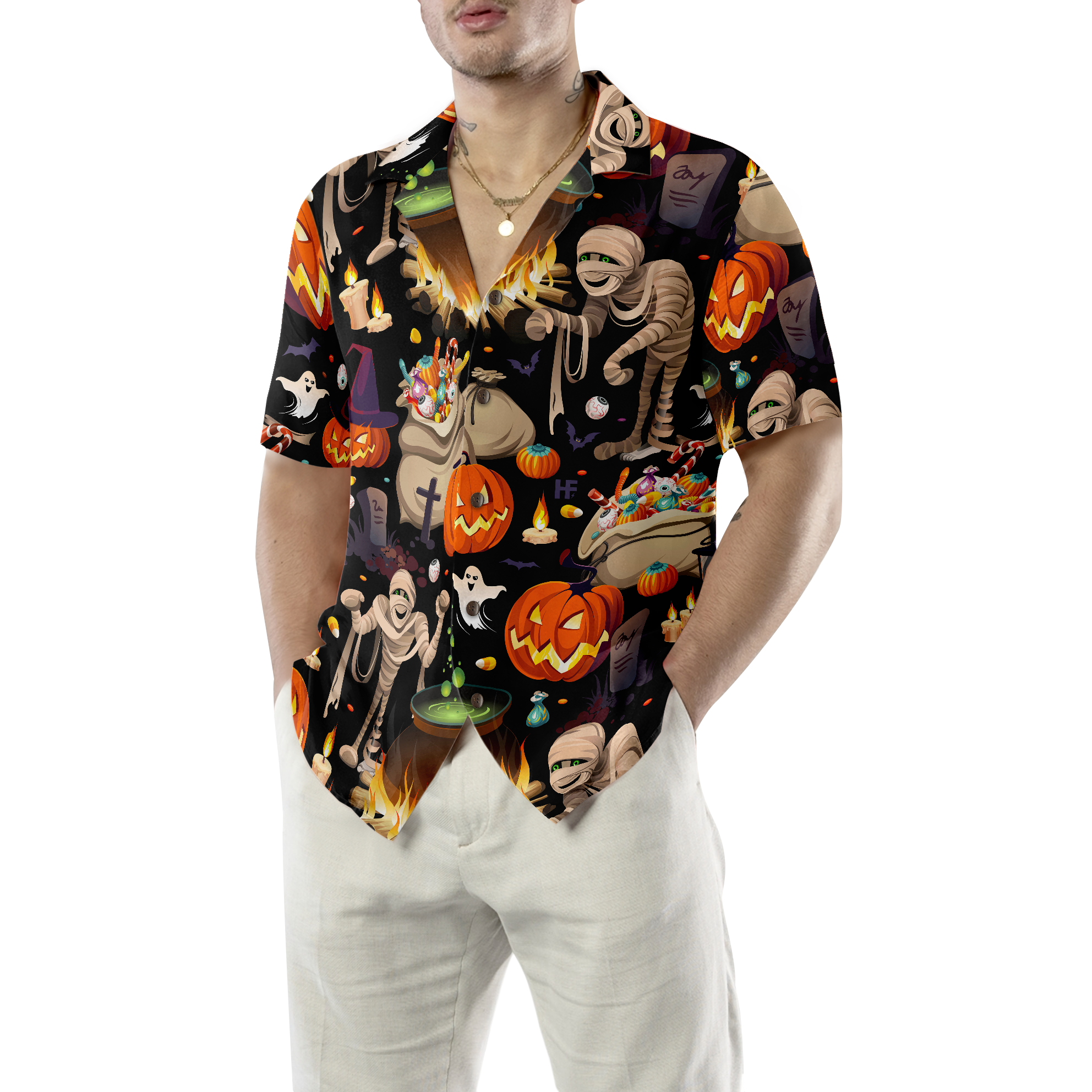 Halloween Mummy And Bags Of Sweets Hawaiian Shirt - Hyperfavor