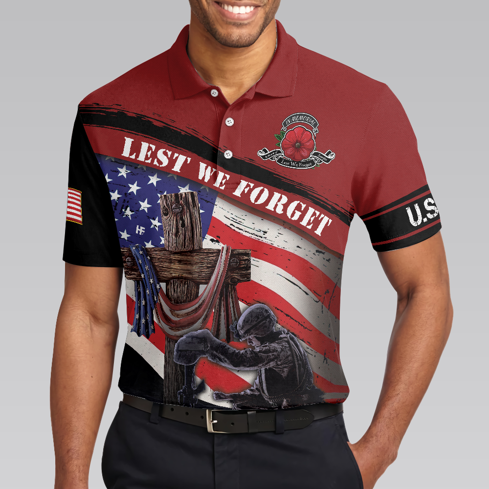 Lest We Forget With USA Flag Polo Shirt, American Flag Polo Shirt For Men, Gift Idea For Veterans - Hyperfavor