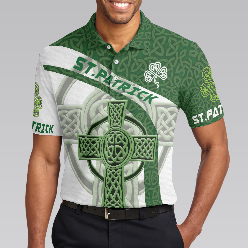 St Patrick Day With Celtic Cross Polo Shirt, Green Saint Patricks Day Shirt, St Patrick Themed Shirt For Irish - Hyperfavor