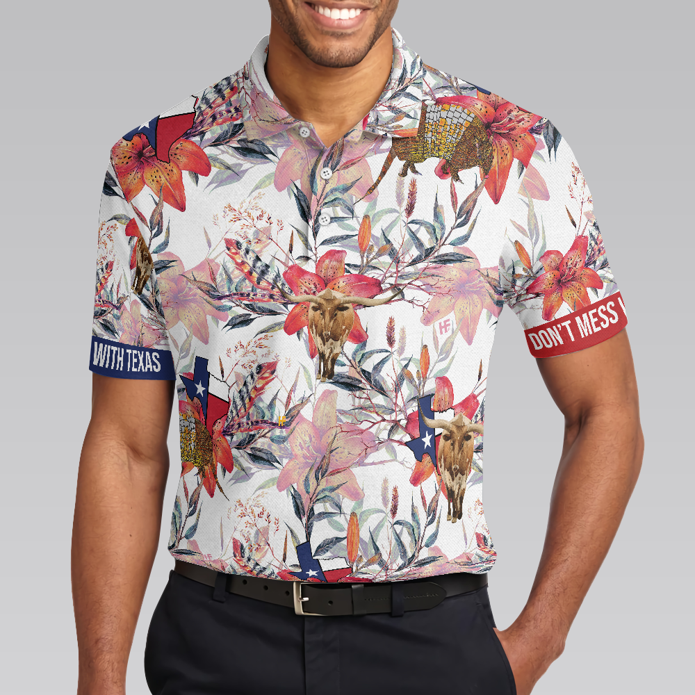 Texas Longhorn Bluebonnet and Armadillo Polo Shirt, Floral Texas State Polo Shirt, Texas Proud Shirt For Men - Hyperfavor