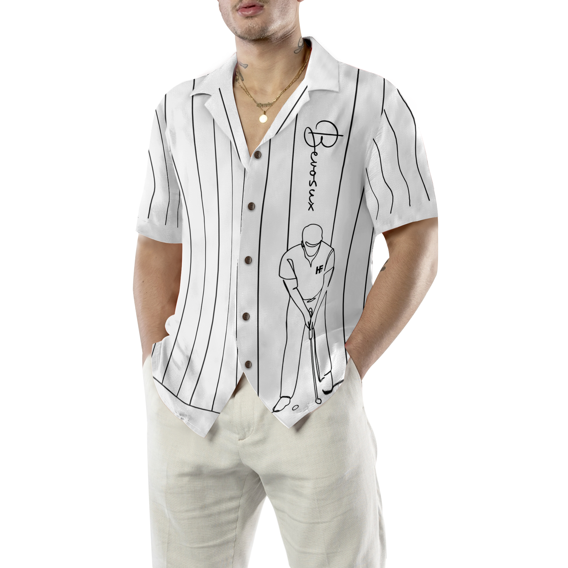 Personalized White Version One Line Drawing Golfer Custom Hawaiian Shirt - Hyperfavor