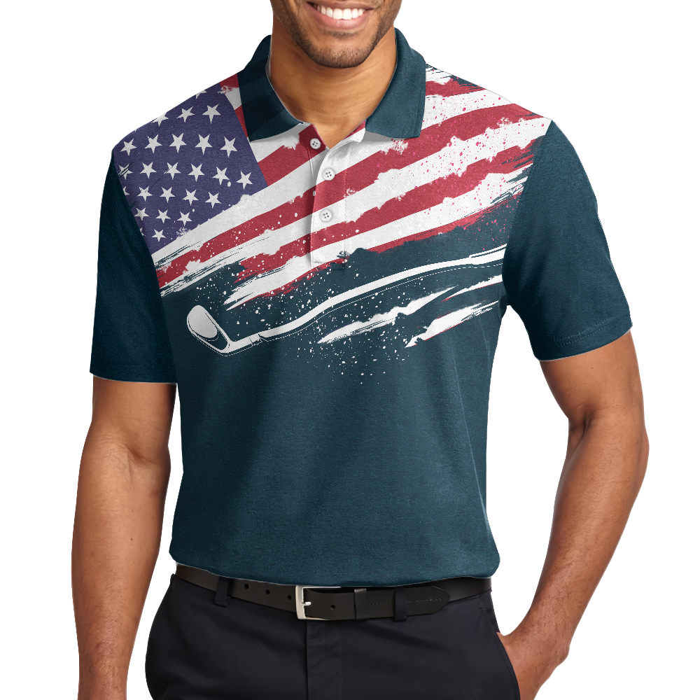 Eat Sleep Golf Repeat American Flag Short Sleeve Polo Shirt, Dark Navy Golf Shirt For Men - Hyperfavor