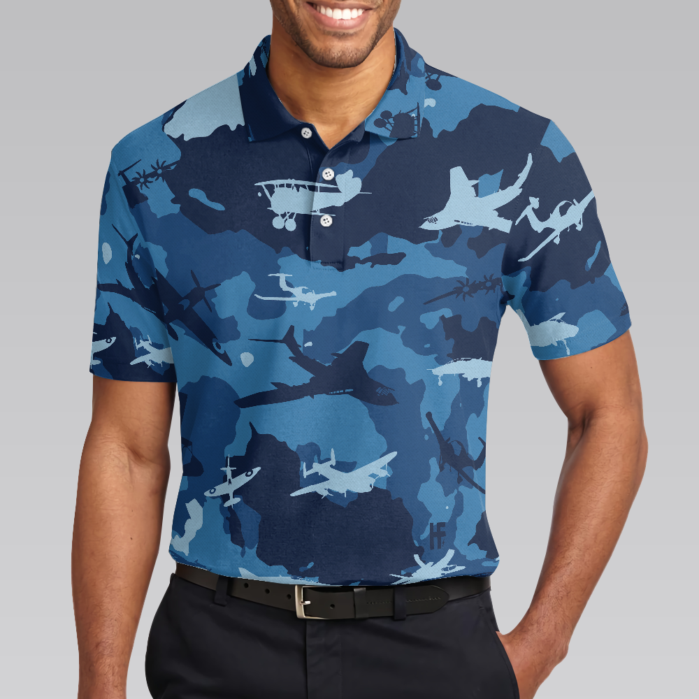 Aircraft Ocean Blue Camouflage Short Sleeve Polo Shirt, Army Polo Shirt, Best Camo Shirt For Men - Hyperfavor