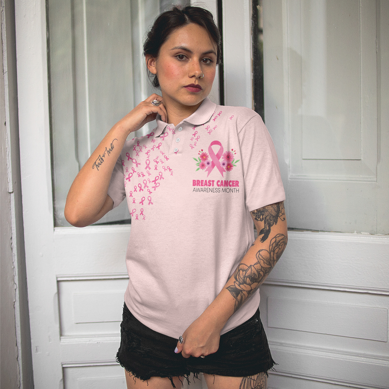 In This Family No One Fight Alone Breast Cancer Awareness Short Sleeve Women Polo Shirt - Hyperfavor