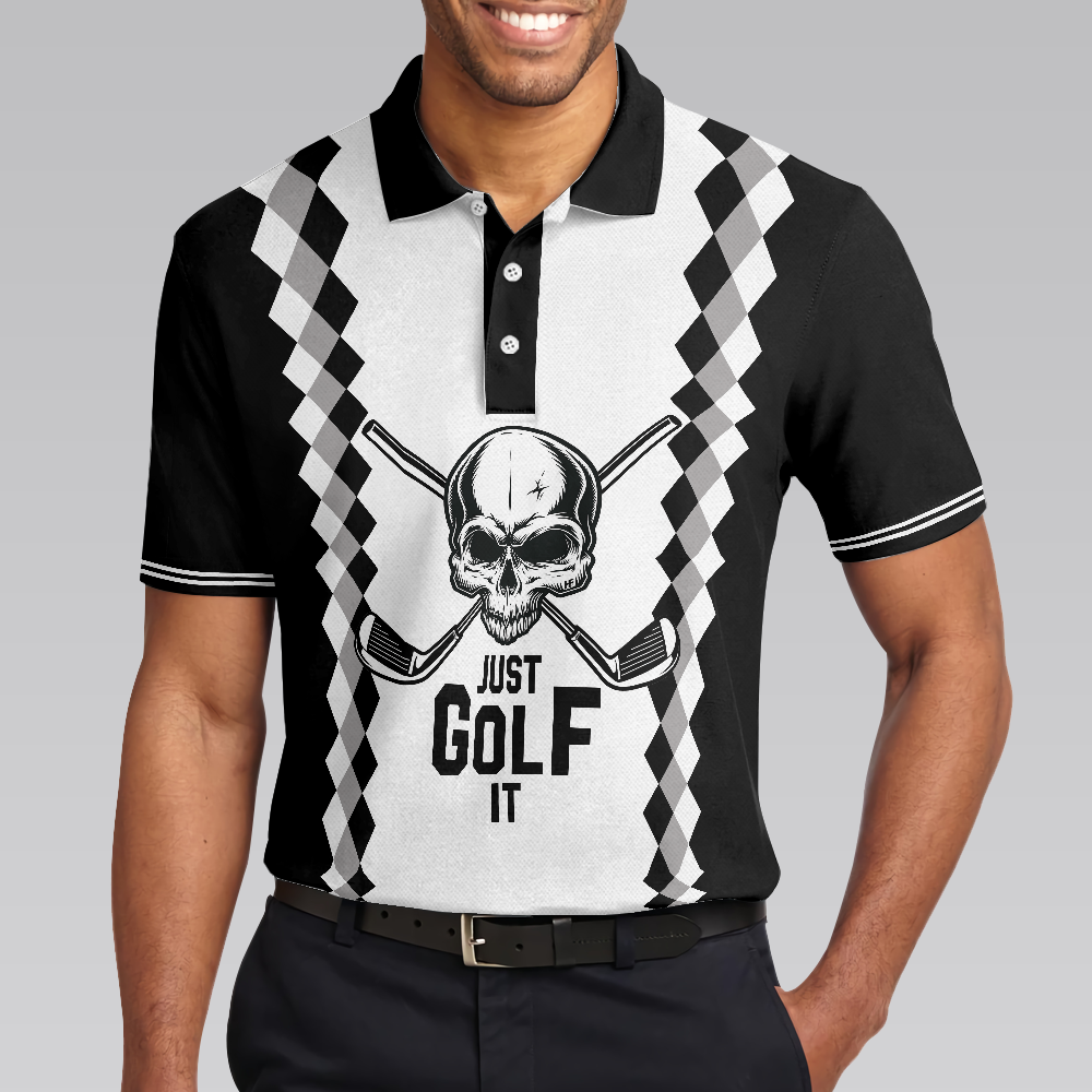 Just Golf It Skull Short Sleeve Golf Polo Shirt, Black And White Golf Shirt For Men - Hyperfavor