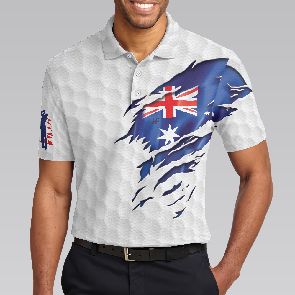 Golf Australian Flag Polo Shirt, White Golf Pattern Polo Shirt, Best Australian Golf Shirt For Men - Hyperfavor