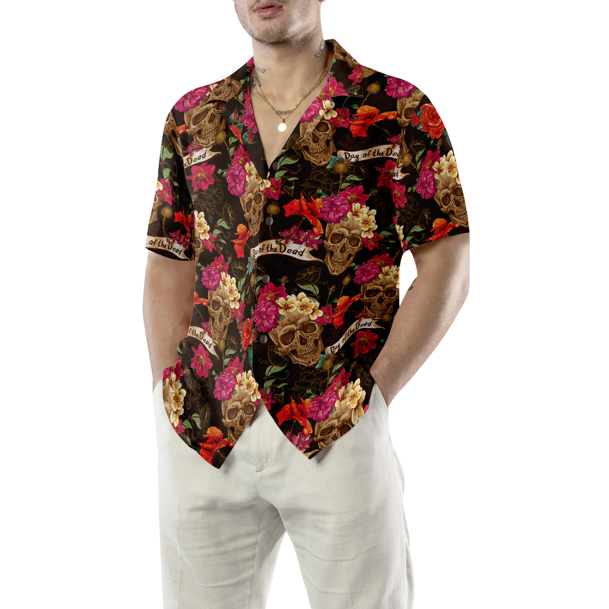 Skull And Flowers Day Of Dead Hawaiian Shirt - Hyperfavor