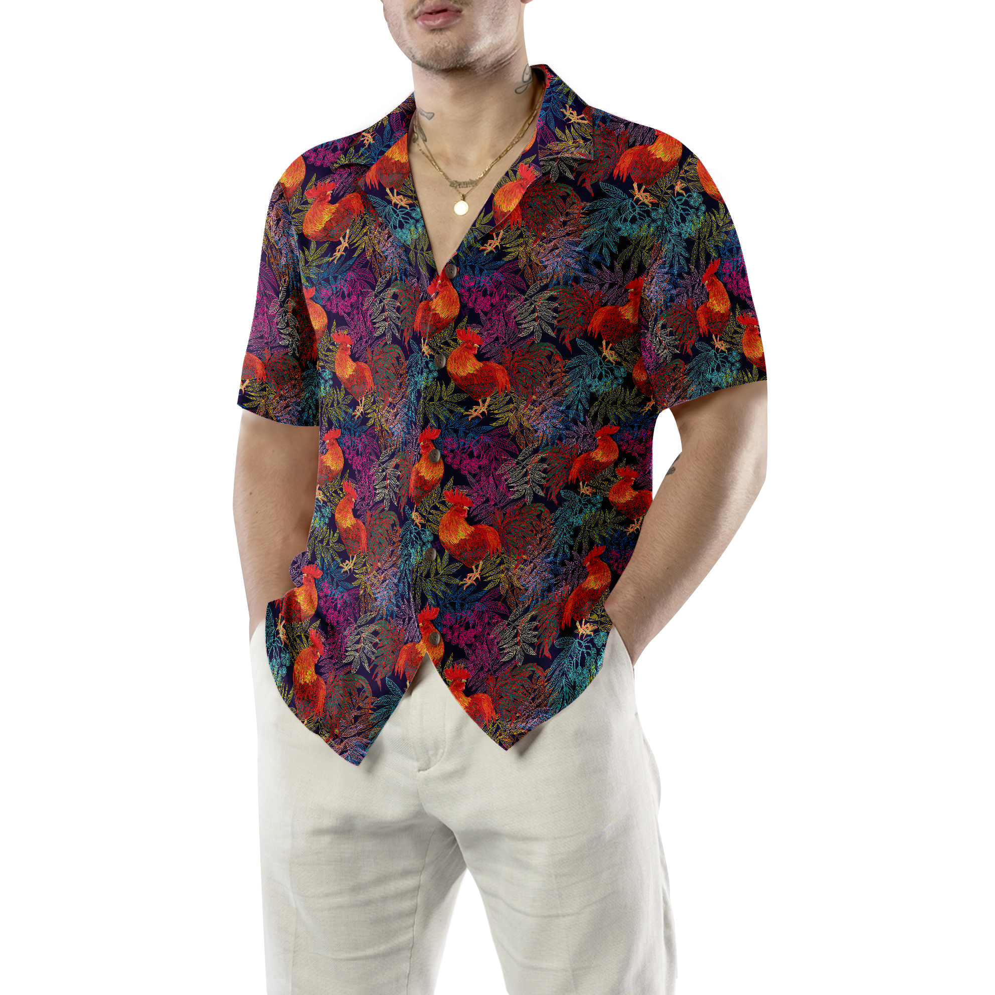 Stylish Rooster Chicken And Leaves Hawaiian Shirt - Hyperfavor