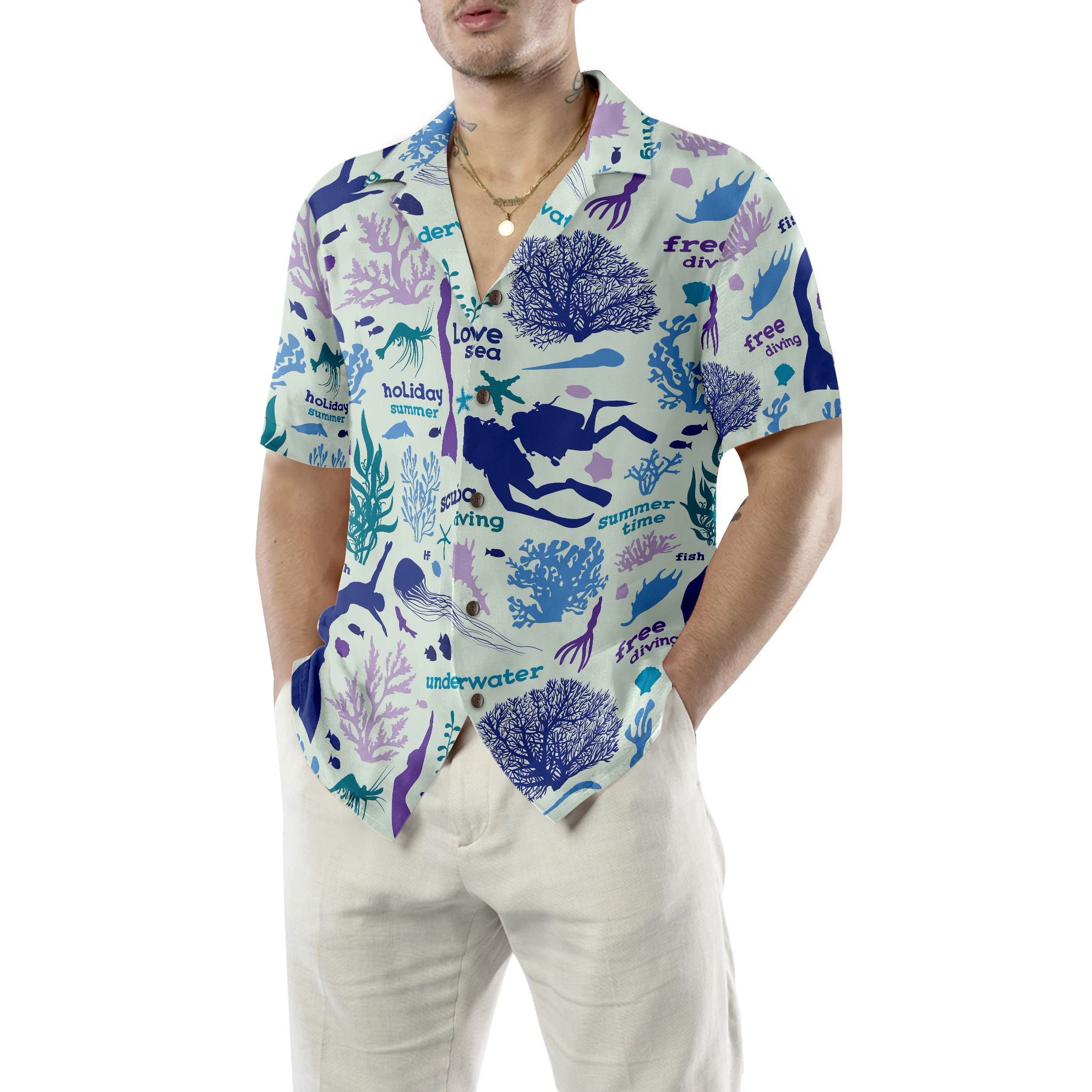 Scuba Diver And Sea Pattern V1 Hawaiian Shirt - Hyperfavor