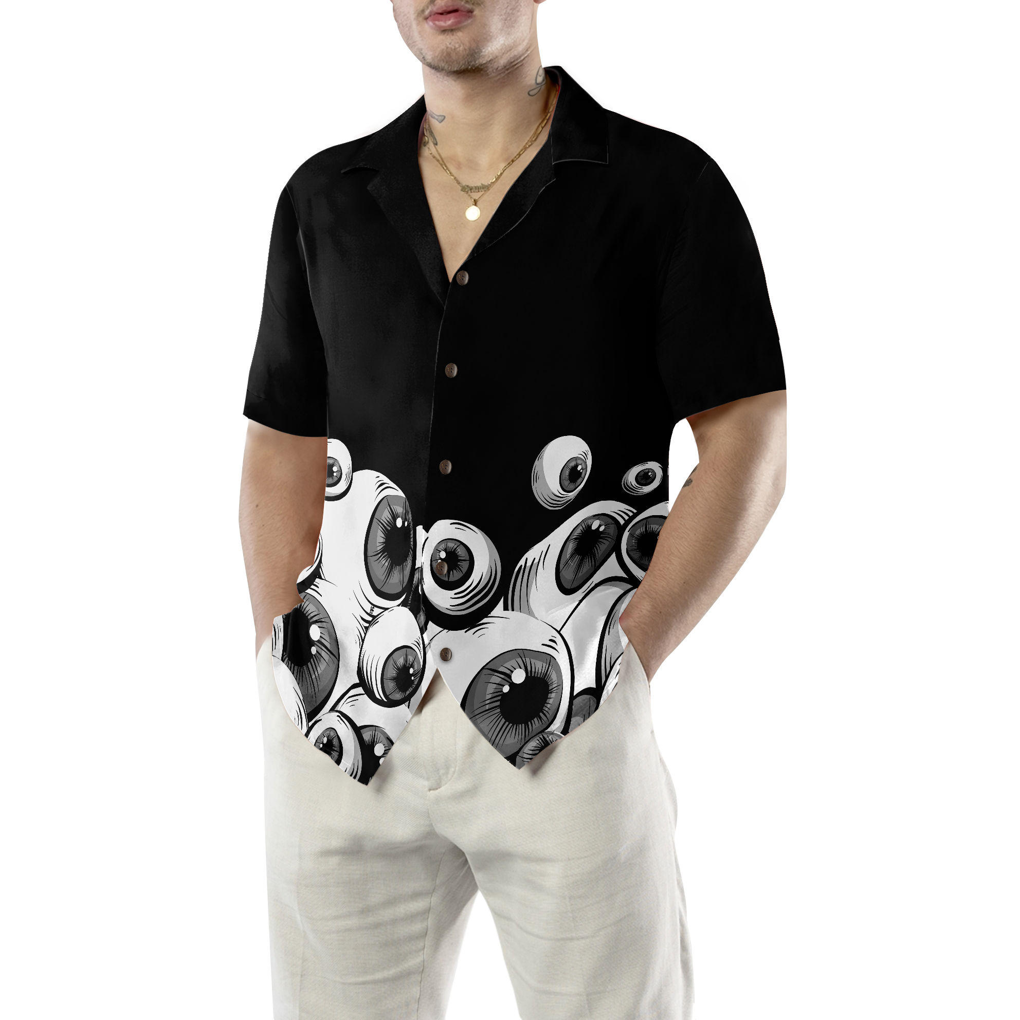 Half Shirt Scary Eyes Goth Hawaiian Shirt - Hyperfavor