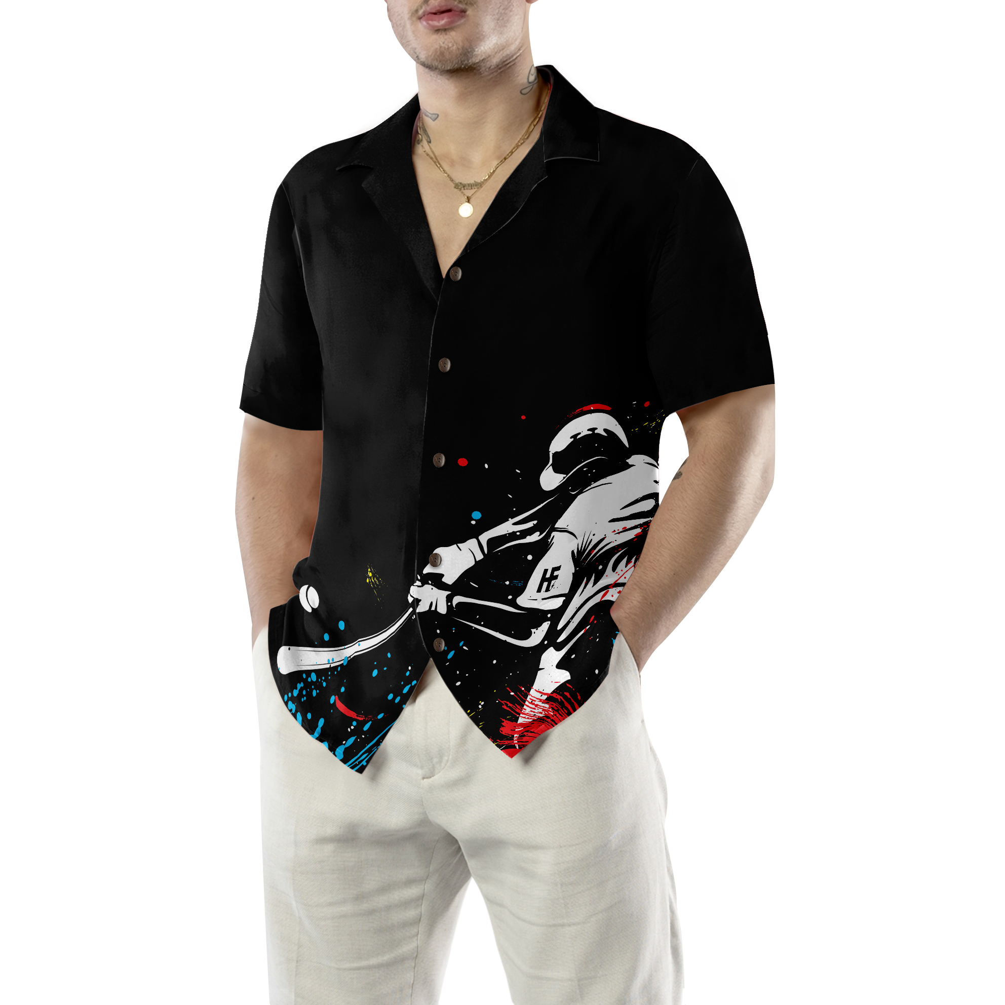 Baseball Players' Silhouettes On Paintball Pattern Hawaiian Shirt - Hyperfavor