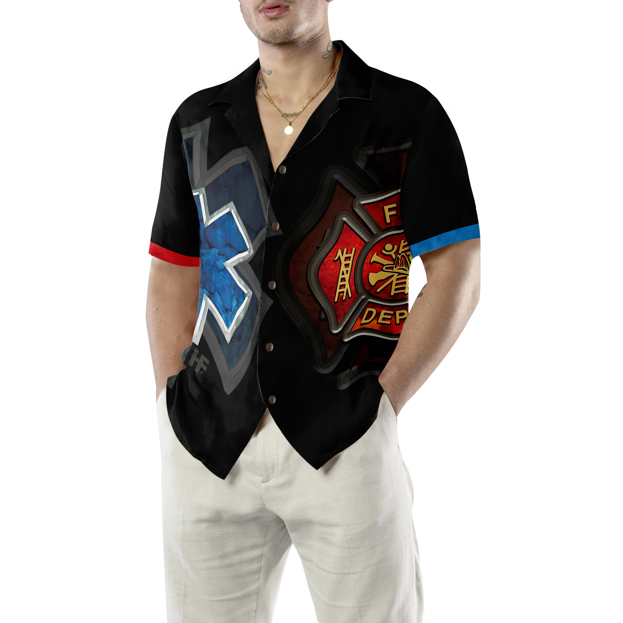 Firefighter And Paramedic Yin And Yang Firefighter Hawaiian Shirt, Red Fire Dept Logo And Blue Star Of Life Firefighter Shirt For Men - Hyperfavor