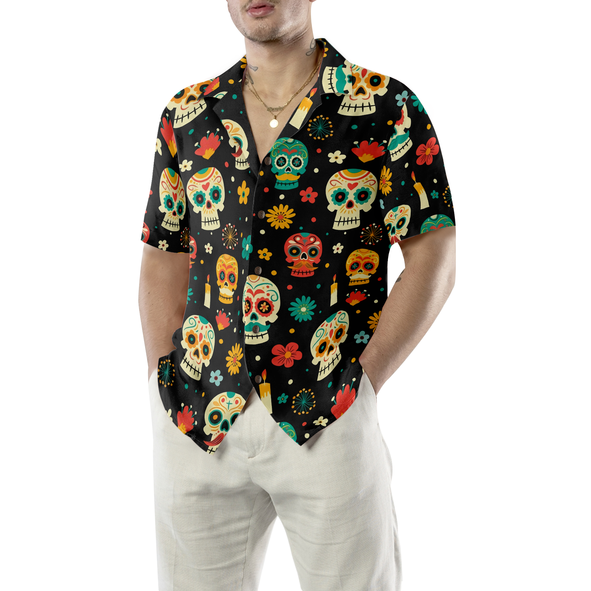 Skull Day Of The Dead Pattern Flower Hawaiian Shirt - Hyperfavor