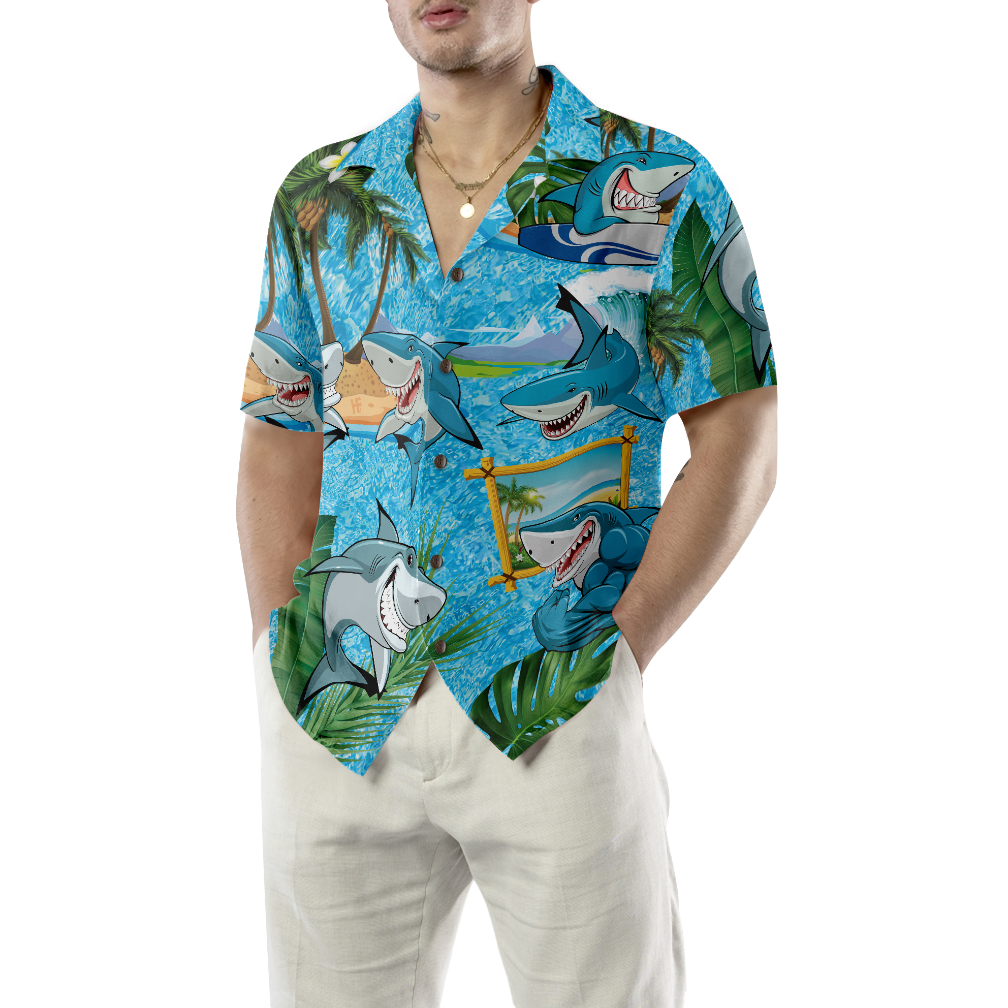 Sharks On The Beach Hawaiian Shirt - Hyperfavor