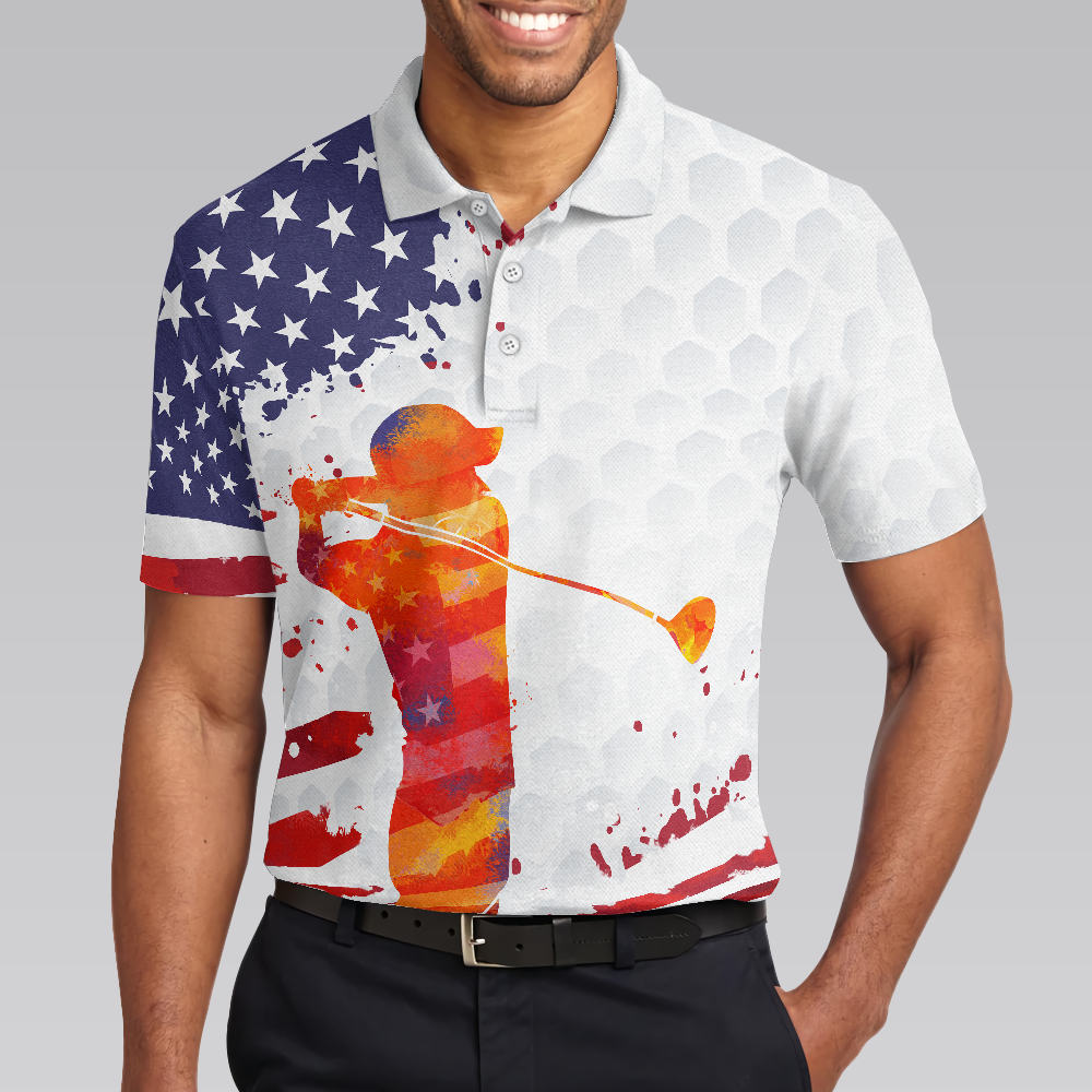 Golf Swing Abstract with American Flag Men Polo Shirt - Hyperfavor