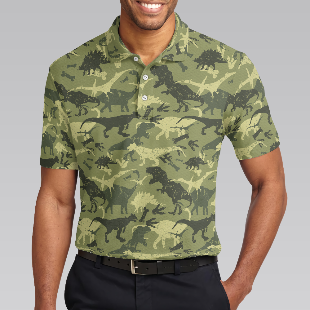 Camouflage Dinosaur Pattern Short Sleeve Polo Shirt, Camo Military Polo Shirt, Best Dinosaur Shirt For Men - Hyperfavor