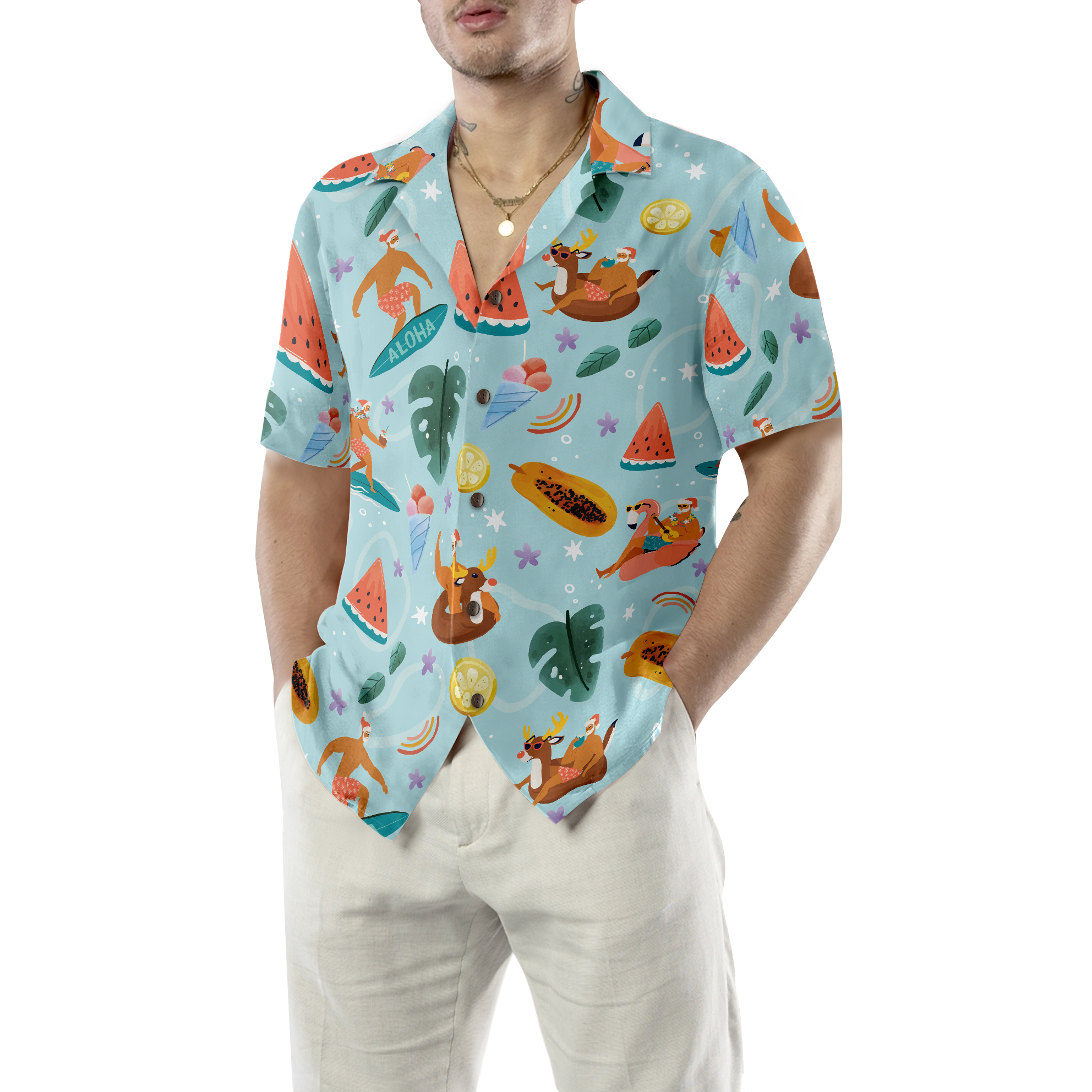 Hyperfavor Santa Beach 2 Pattern Hawaiian shirt, Christmas Shirts Short Sleeve Button Down Shirt For Men And Women - Hyperfavor