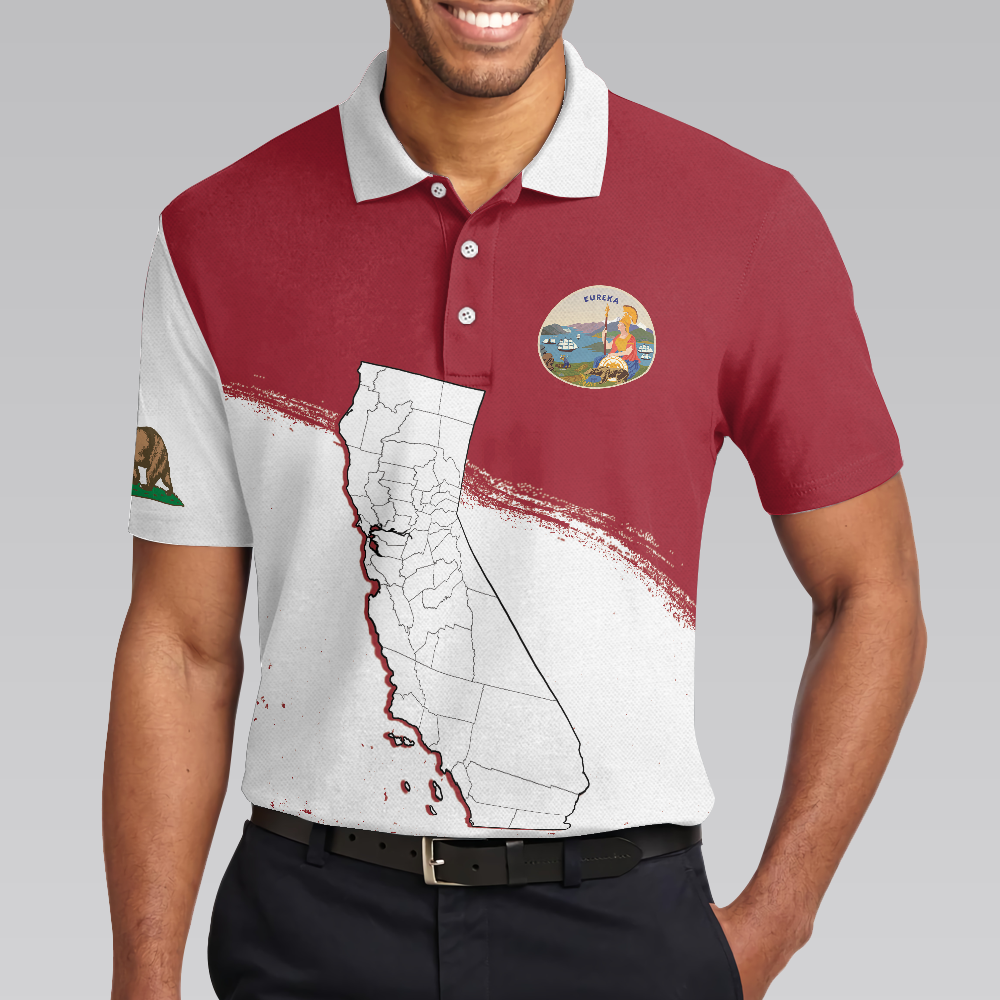 California Flag & Map Short Sleeve Polo Shirt, Eureka Patriotic Polo Shirt, Best Golf Shirt For Men - Hyperfavor