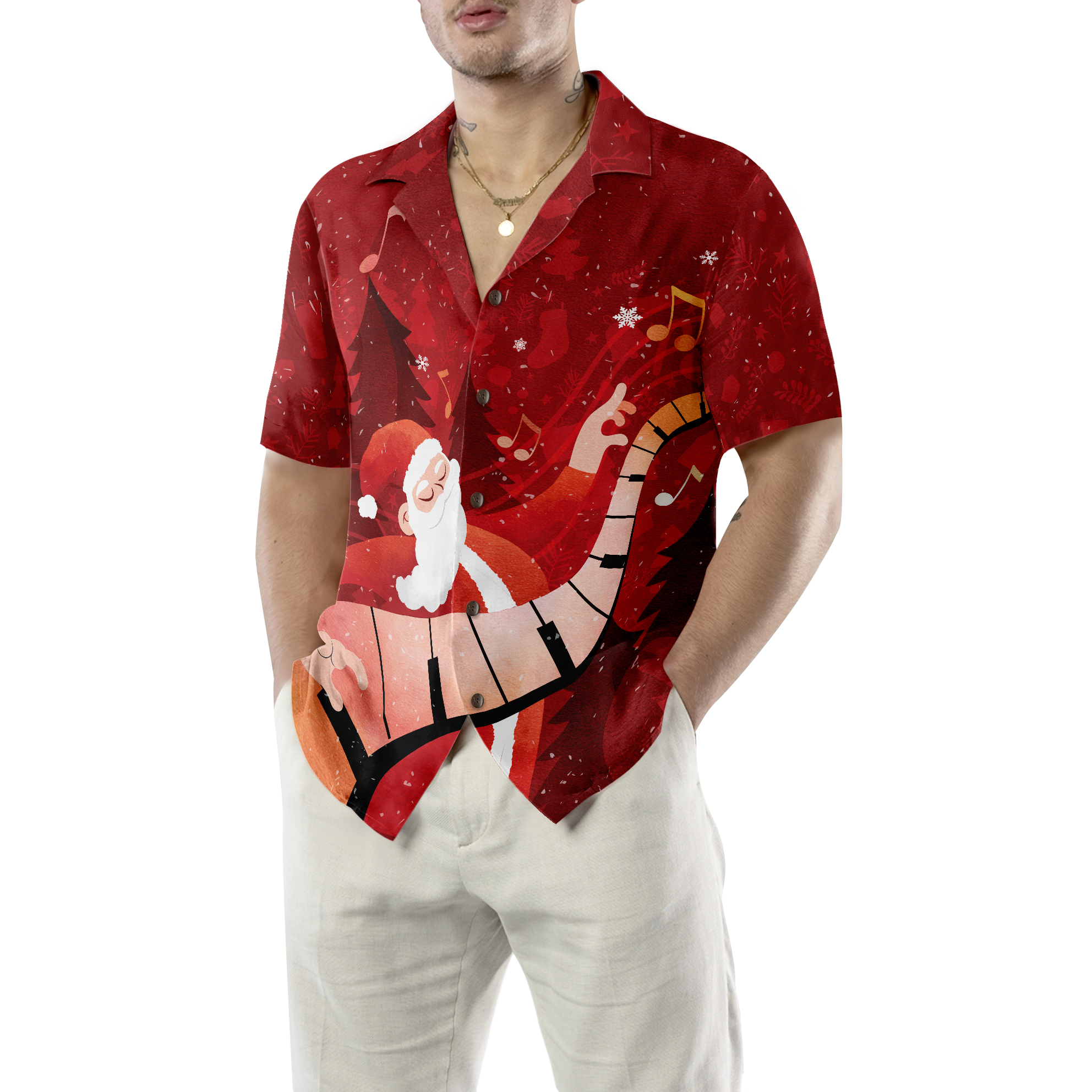 Hyperfavor Christmas Hawaiian Shirts For Men and Women, Santa Playing Piano Hawaiian Shirt Button Down Shirt Short Sleeve - Hyperfavor