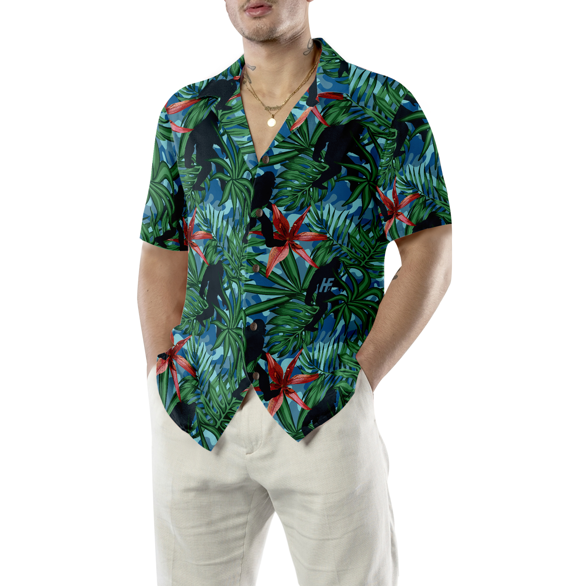 Bigfoot Silhouette Walking Bigfoot Hawaiian Shirt, Tropical Forest Floral Bigfoot Shirt For Men - Hyperfavor