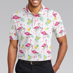 Flamingo And Tropical Pattern Polo Shirt, White Flamingo Themed Polo Shirt, Tropical Flamingo Shirt Design - Hyperfavor