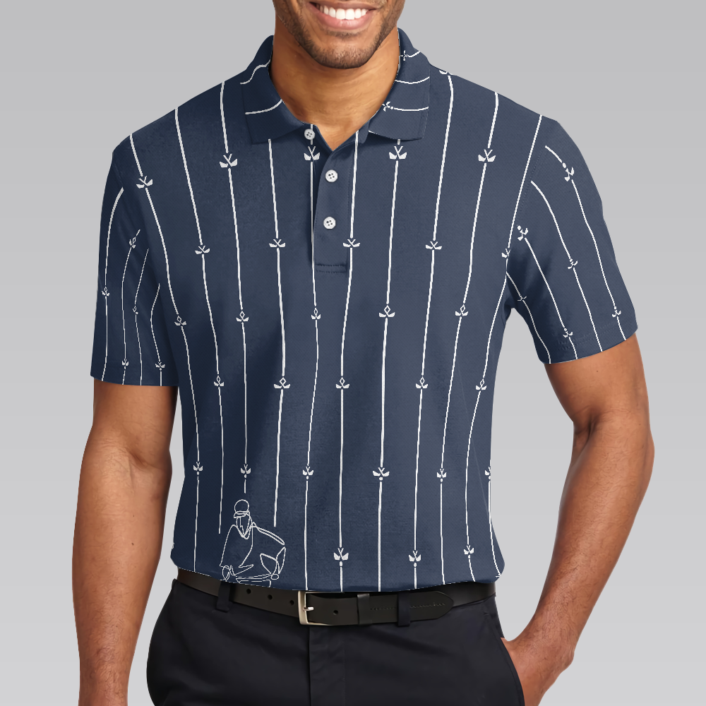 Vertical Stripe Golf Club Polo Shirt, Black And White One Line Drawing Golfer Polo Shirt, Unique Golf Shirt For Men - Hyperfavor