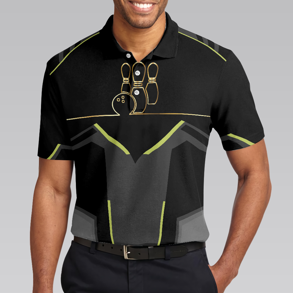 Strike Black And Golden Pattern Bowling Short Sleeve Polo Shirt, Digital Polo Shirt, Best Bowling Shirt For Men - Hyperfavor